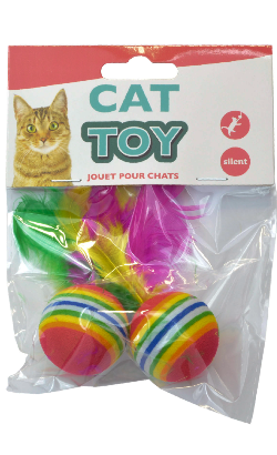 Eurosiam Brinquedo Gato Bolas Arco-Iris c/Penas | Pack 2 Bolas