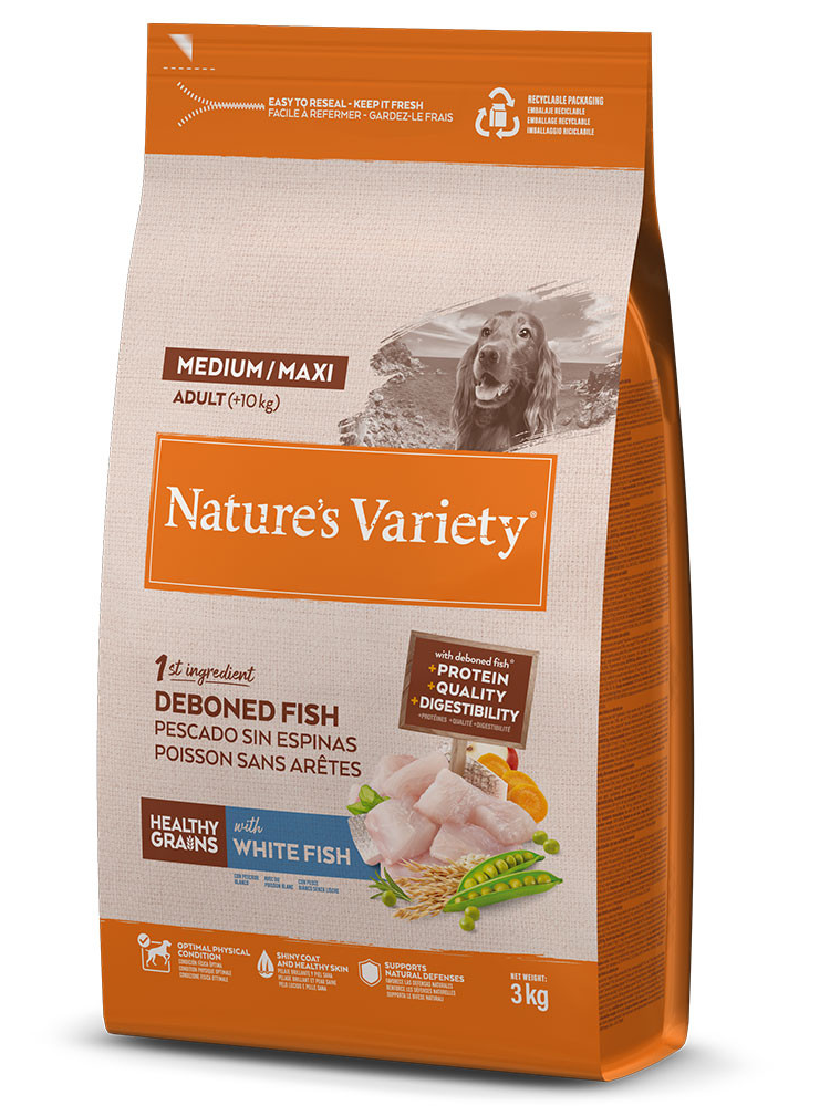 Natures Variety Medium Maxi Adult Healthy Grains Peixe Branco